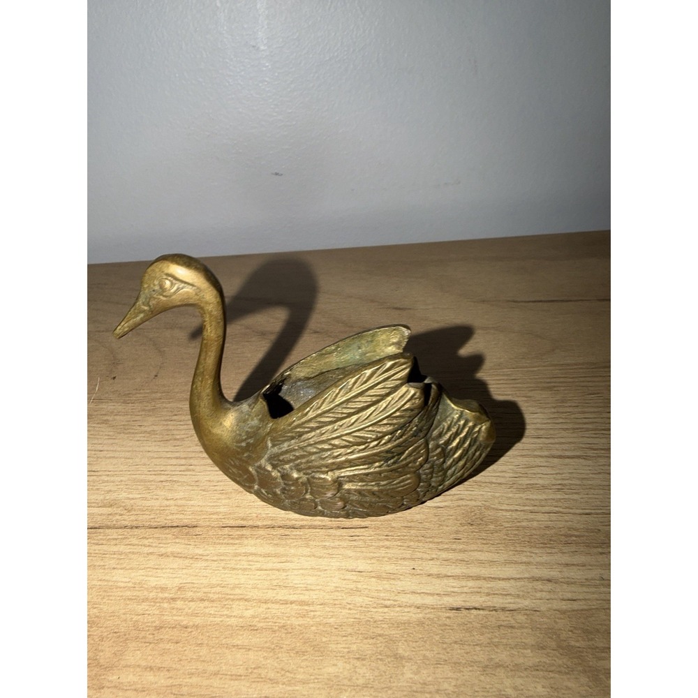 Brass Swan Figure Planter Textured Wings Patina Hollywood Regency MCM Vintage